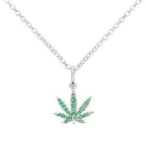 White Gold Sativa Leaf Pendant with Green Garnet Gemstones